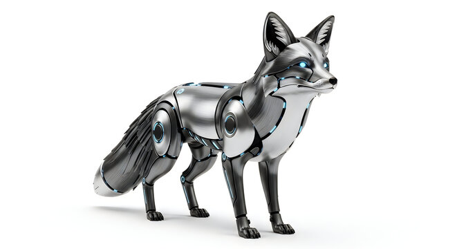 Steampunk fox robot with mechanical body isolated on white background