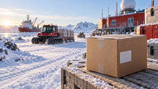 Delivery during winter at a research station in the snowy landscape