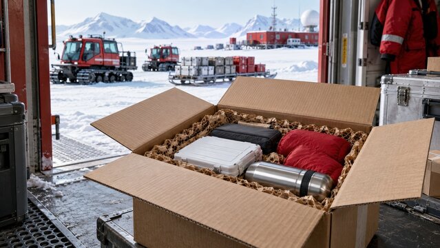 Supplies being unloaded at a research station in Antarctica with boxes and vehicles in the background