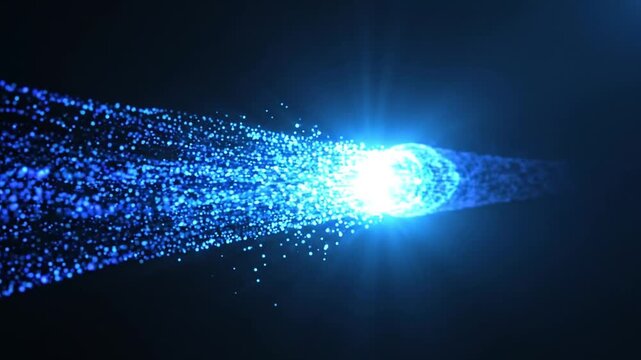 Blue particles accelerate and disperse into a bright glow on black