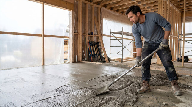 A construction worker spreads wet concrete across a new floor with a shovel. The hands-on process shows skilled labor during building and floor installation