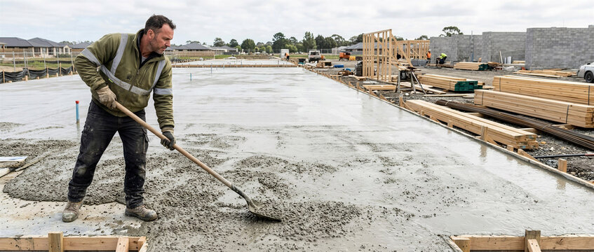 A worker spreads wet concrete across a large foundation slab with a long-handled shovel. The active construction site shows hands-on building work and residential development
