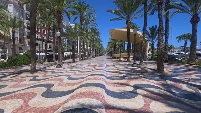 Alicante, Spain - 30 August 2026 - Wavy Pedestrian Walkway Along the Port of Alicante, Spain