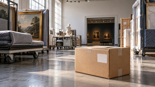 Art gallery with artworks and a cardboard box in the center of the space during daylight