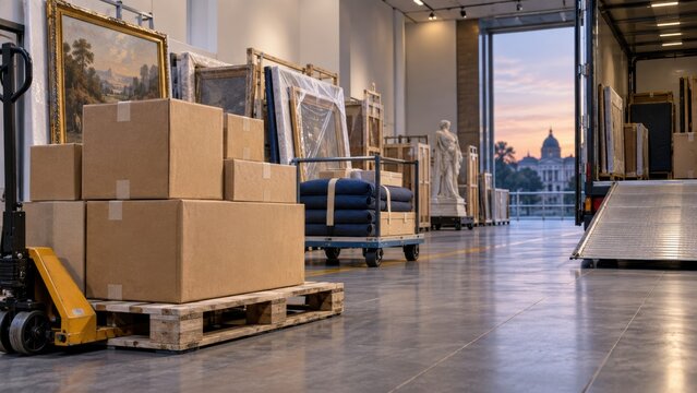 Artwork transportation at a gallery with boxes in a loading area during sunset