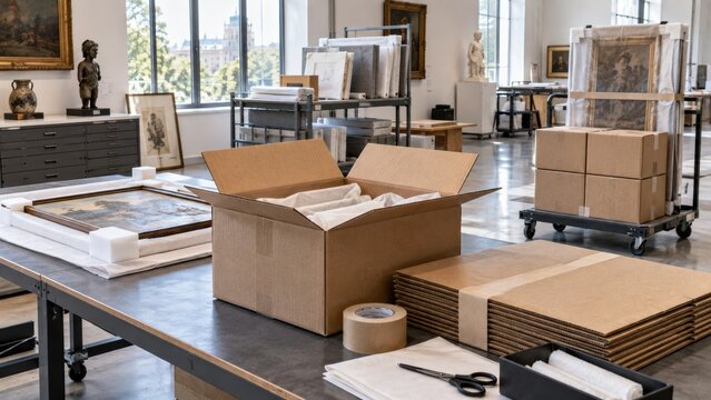 Art storage area with boxes and artworks in preparation for exhibition setup in a gallery