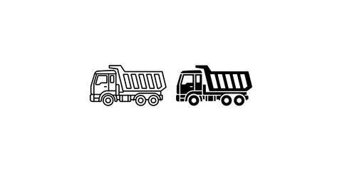 Detailed black outline and solid dump truck icons for transportation and construction projects. © Adobe