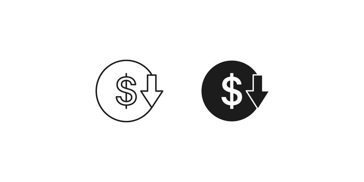Dollar coin icons with downward arrows for financial loss reduction or price drop concepts.