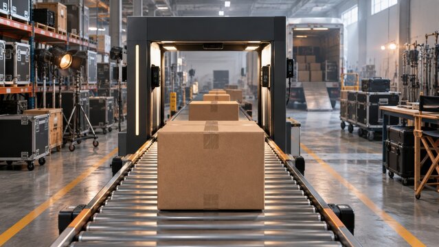 Delivery process in warehouse with conveyor moving packages towards loading area