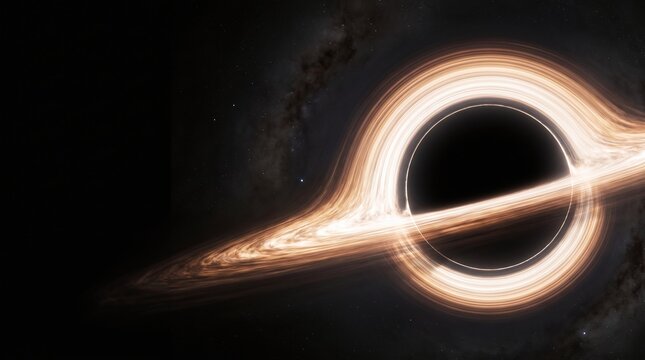 Supermassive black hole with glowing accretion disk and gravitational lensing for minimalist space desktop wallpaper