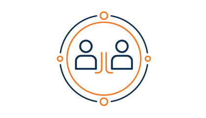 Fototapeta premium Round flat icon depicting secure peer to peer connection or client communication in blue and orange lines.