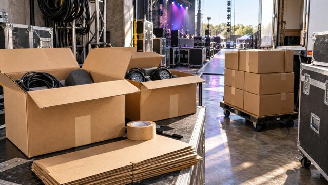 Setup for a live event with equipment and supplies staged backstage at a concert venue in the afternoon