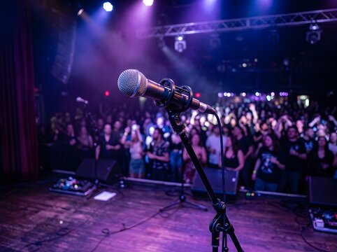 Energetic concert scene with a professional camera crew capturing the performance from the stage floor