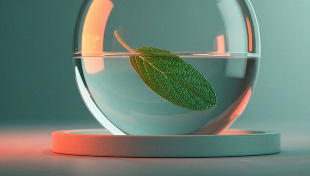 A green leaf in a glass orb on a pedestal symbolizes herbal wellness, natural healing, and calm organic care.