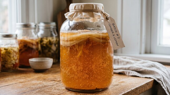 Fermenting amber kombucha jar with scoby culture and bubbles