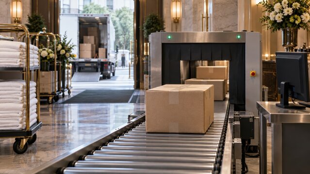 Package delivery process at a hotel with a conveyor system in the lobby area