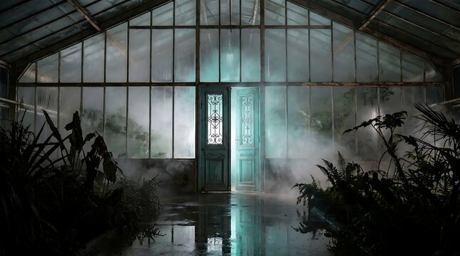 Mysterious and Ethereal Greenhouse Interior at Night with Fog and Glowing Light.