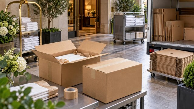 Boxes and packing materials in a hotel lobby area during the daytime
