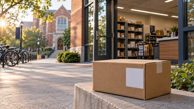Delivery box placed on a ledge near a building with bicycles parked in the background