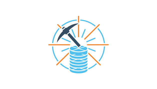 Data mining logo design featuring a black pickaxe on top of database storage disks inside a colorful sunburst circle.