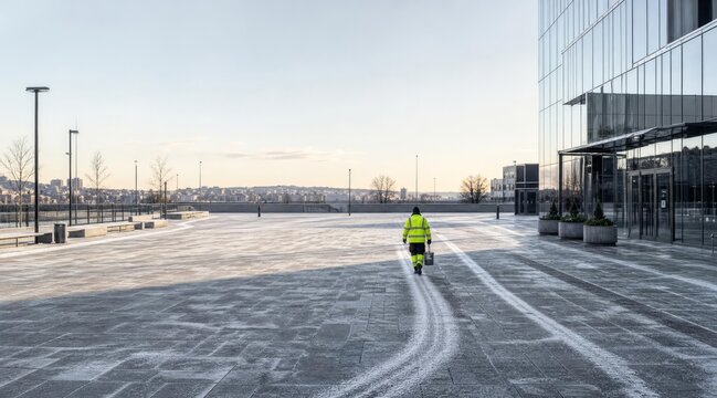 Municipal worker salting urban plaza outside modern office building
