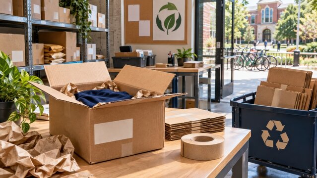 Workspace for packing and recycling in a campus setting with plants and natural light