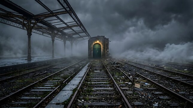 Abandoned Train Station Under a Dark and Stormy Sky.