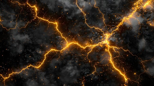 Powerful golden lightning and sparks striking intensely through dark obsidian-like mineral space, abstract background texture