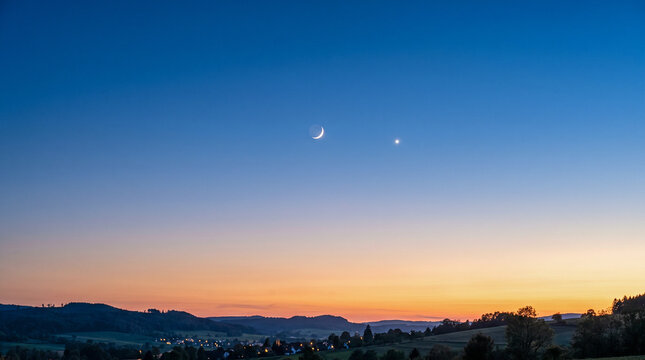 Fina luna creciente acompa&ntilde;ada de una estrella vespertina en un cielo despejado durante el crep&uacute;sculo, con suave degradado de azul a tonos c&aacute;lidos dorados.