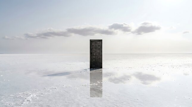 Mysterious Monolith Standing Alone on a Vast, Reflective White Landscape Under a Cloudy Sky.