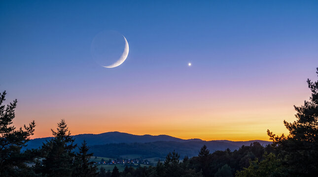 Fina luna creciente acompa&ntilde;ada de una estrella vespertina en un cielo despejado durante el crep&uacute;sculo, con suave degradado de azul a tonos c&aacute;lidos dorados.