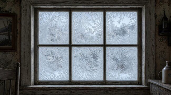 Intricate frost crystals on weathered wooden window pane