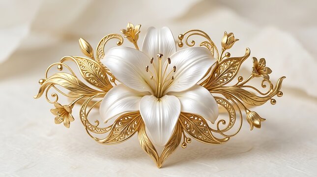 Beautiful white lily flower with intricate golden metal leaves and ornate decorative vintage style floral elements