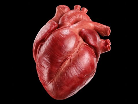 Hyper-realistic human heart illustration showcasing detailed ventricles and atria with biological texture against a black seamless background, ideal for biomedical visualization