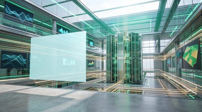 Futuristic green data center tower inside modern glass atrium with floating blank interface screen