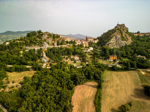 Aerial view of the medieval village of Pennabilli between the two rocky cliffs