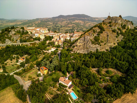 Scenographic high-angle aerial view of the historic village of Pennabilli