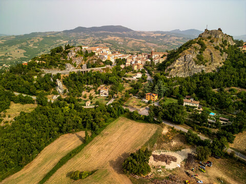 Aerial view of the medieval village of Pennabilli between the two rocky cliffs