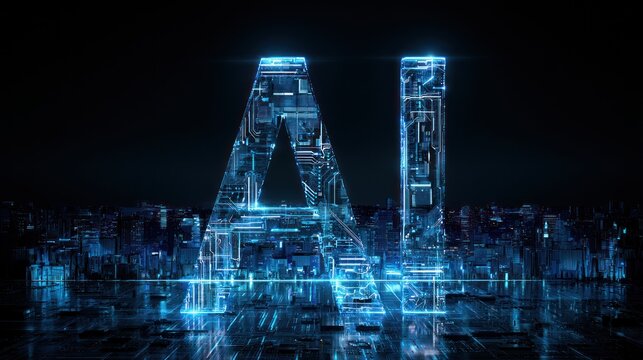 Luminous ai text glowing over futuristic cityscape at night