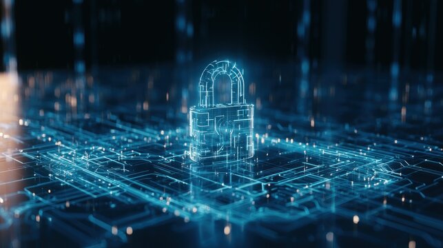 Digital security lock icon over abstract circuit board with blue glowing lines