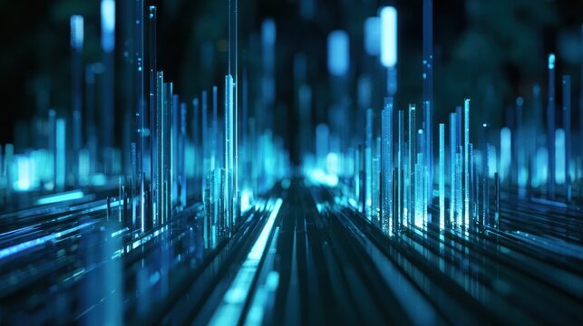 Abstract digital network grid with blue glowing lines and pillars