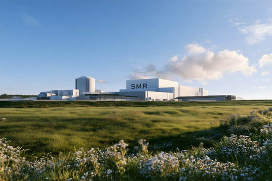 Modern SMR industrial facility surrounded by a wildflower meadow under a blue sky