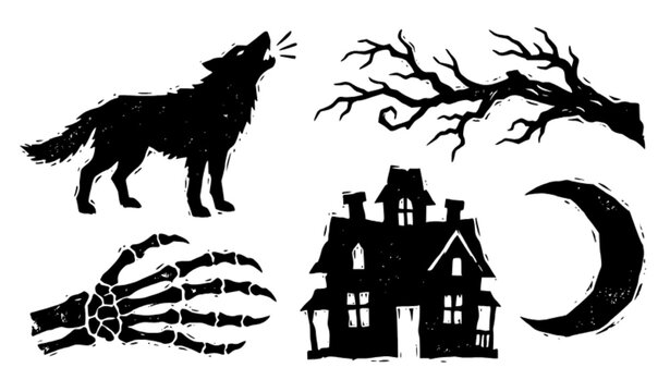 Retro linocut Halloween design elements vector set with textured stamp silhouettes for posters