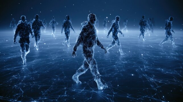 Abstract figures walking in a futuristic digital network environment