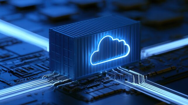 Digital cloud container on circuit board with blue light streaks
