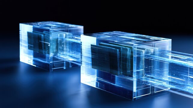 Abstract glowing blue cubes with digital data flowing through dark background