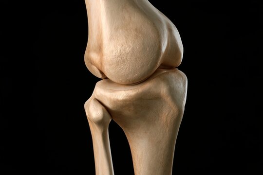 Human knee joint anatomy showing femur, tibia and fibula bones on a black background