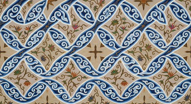 Traditional Indonesian batik pattern featuring blue wave and cloud motifs intertwined with delicate floral ornaments on a beige background