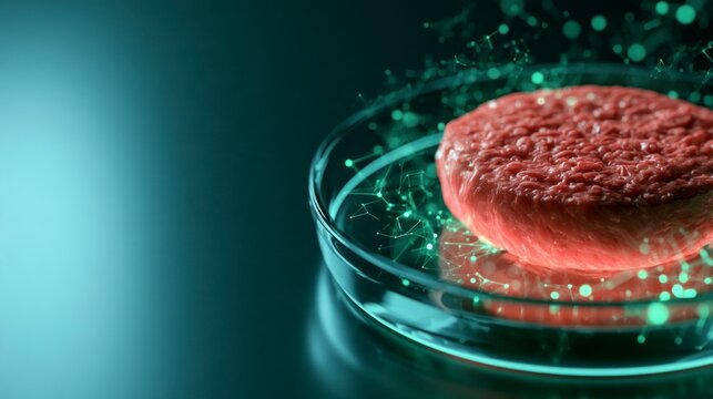 Lab-Grown Cultured Meat Patty in Petri Dish with Futuristic Digital Effects Illustrating Biotechnology and Food Science