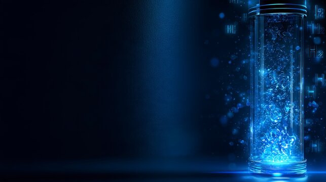 Futuristic Hydrogen Fuel Cell Cylinder Glowing with Blue Light and Bubbles, Representing Clean Renewable Energy Technology